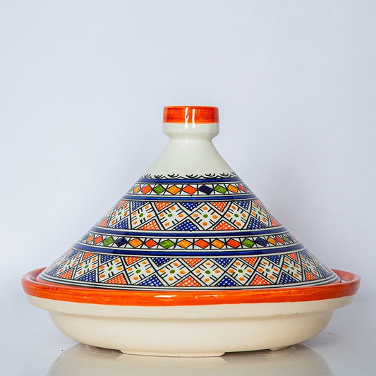 Hand-Painted Moroccan Tagine with Floral Design – 30cm Wide – White Clay – Dishwasher & Microwave Safe