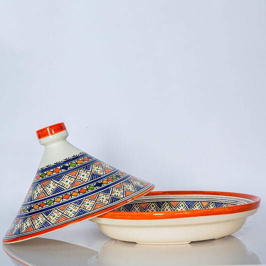 Hand-Painted Moroccan Tagine with Floral Design – 30cm Wide – White Clay – Dishwasher & Microwave Safe
