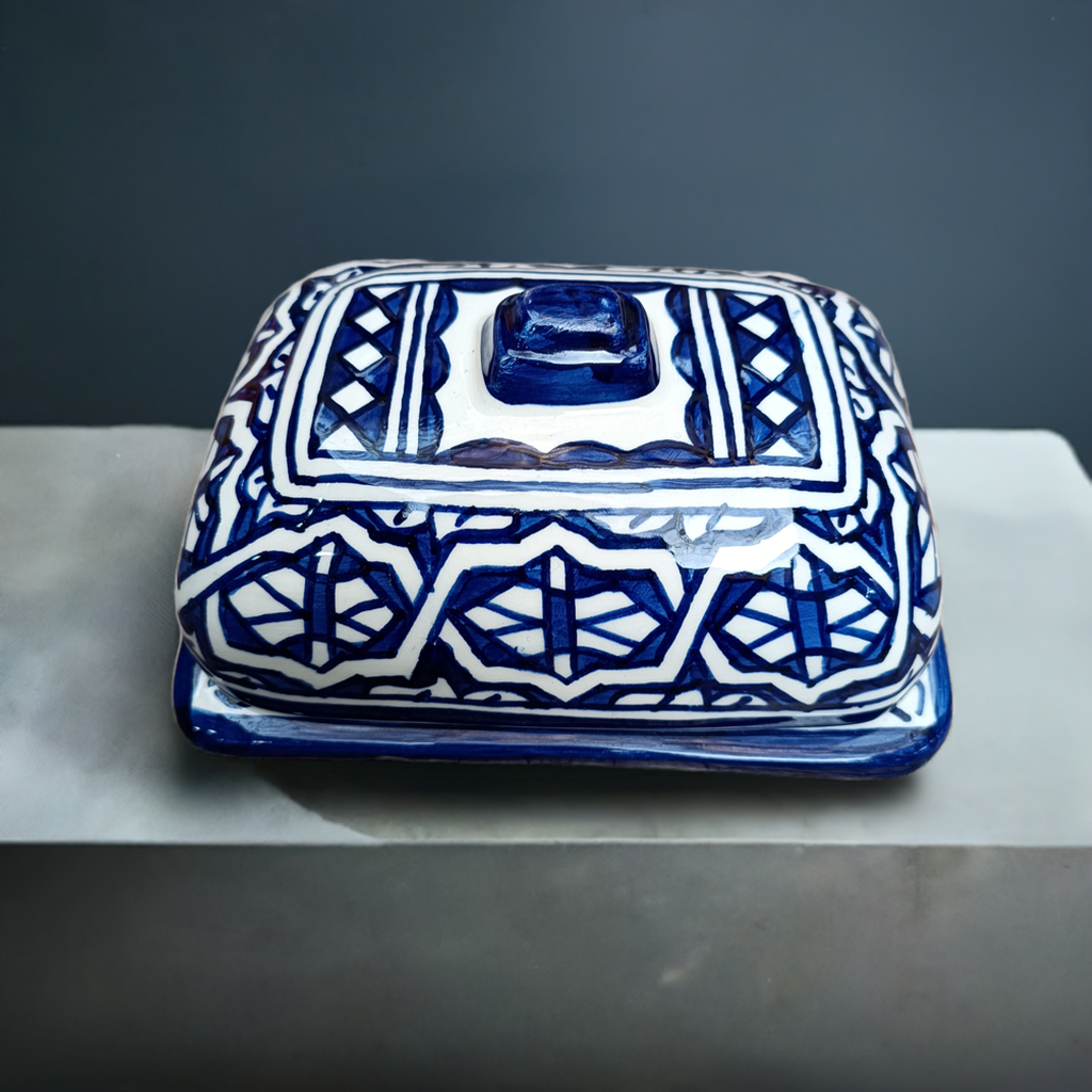 Moroccan Butter & Cheese Dish – White Clay Art from Fez - Hand-Painted