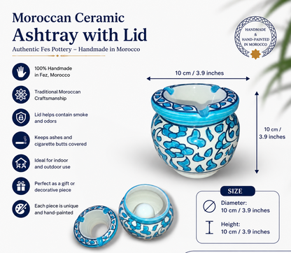 A Moroccan ceramic ashtray with lid shown on a white background with informational text, dimensions, and product features. The ashtray has a blue and white patterned ceramic body, with one shown closed and two shown open to reveal the lid design.