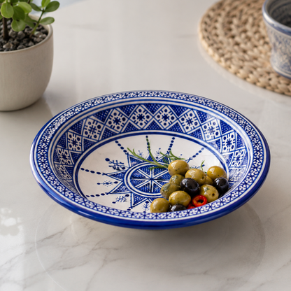 Handmade Moroccan Ceramic Serving Plate – Blue & White Fez Design