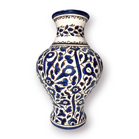 Moroccan ceramic vase, flower design hand painted blue and white