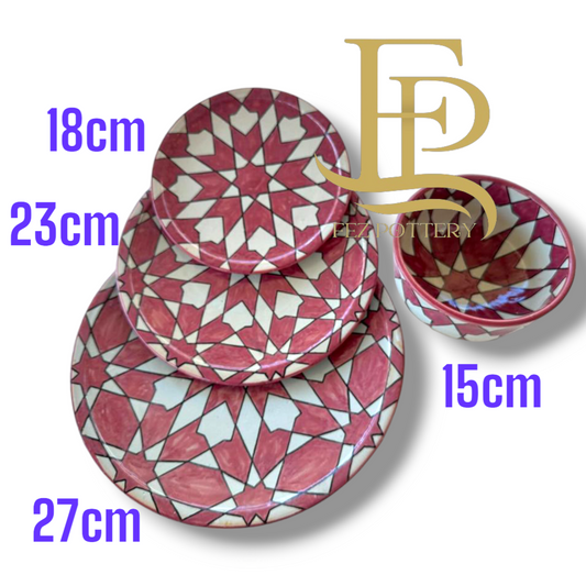 Handmade Moroccan Ceramic Dinnerware Set – Fez Zellige Pattern Plates & Bowl | Microwave & Dishwasher Safe