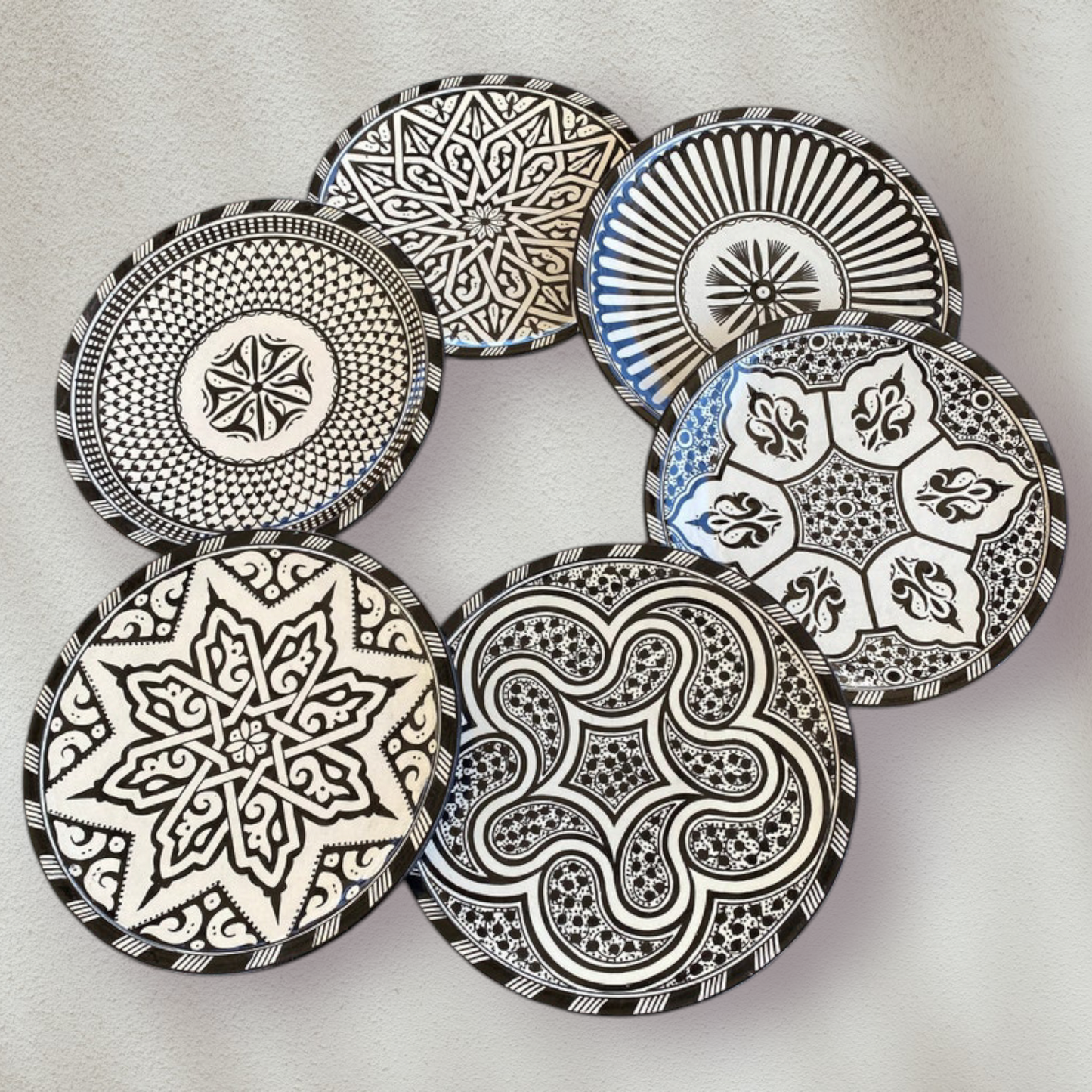 6 dinner plates Black and white dinner set ,handmade and hand painted  .