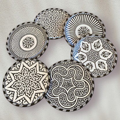 6 dinner plates Black and white dinner set ,handmade and hand painted  .