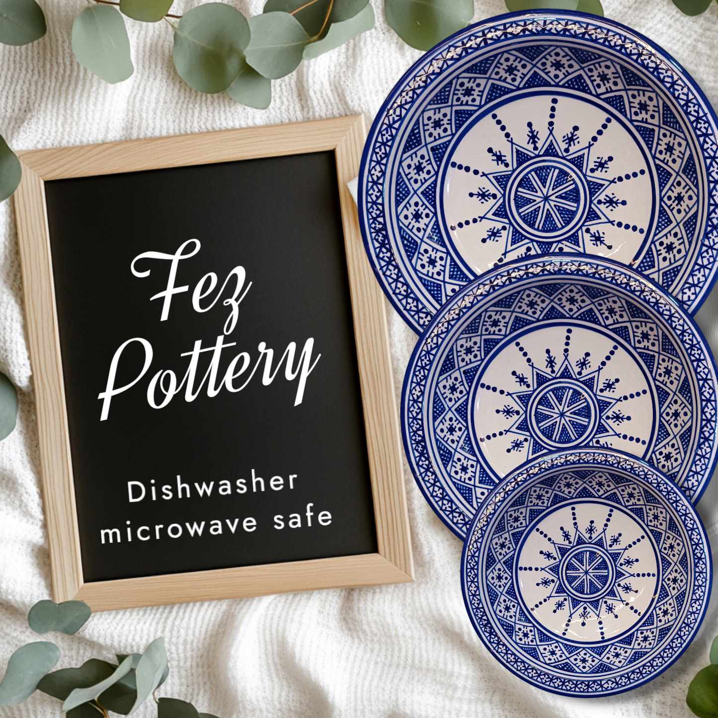 6 Serving plates made of white clay, hand-painted and hand-decorated.