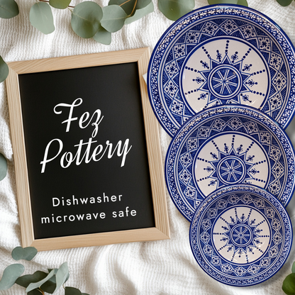 6 Serving plates made of white clay, hand-painted and hand-decorated.