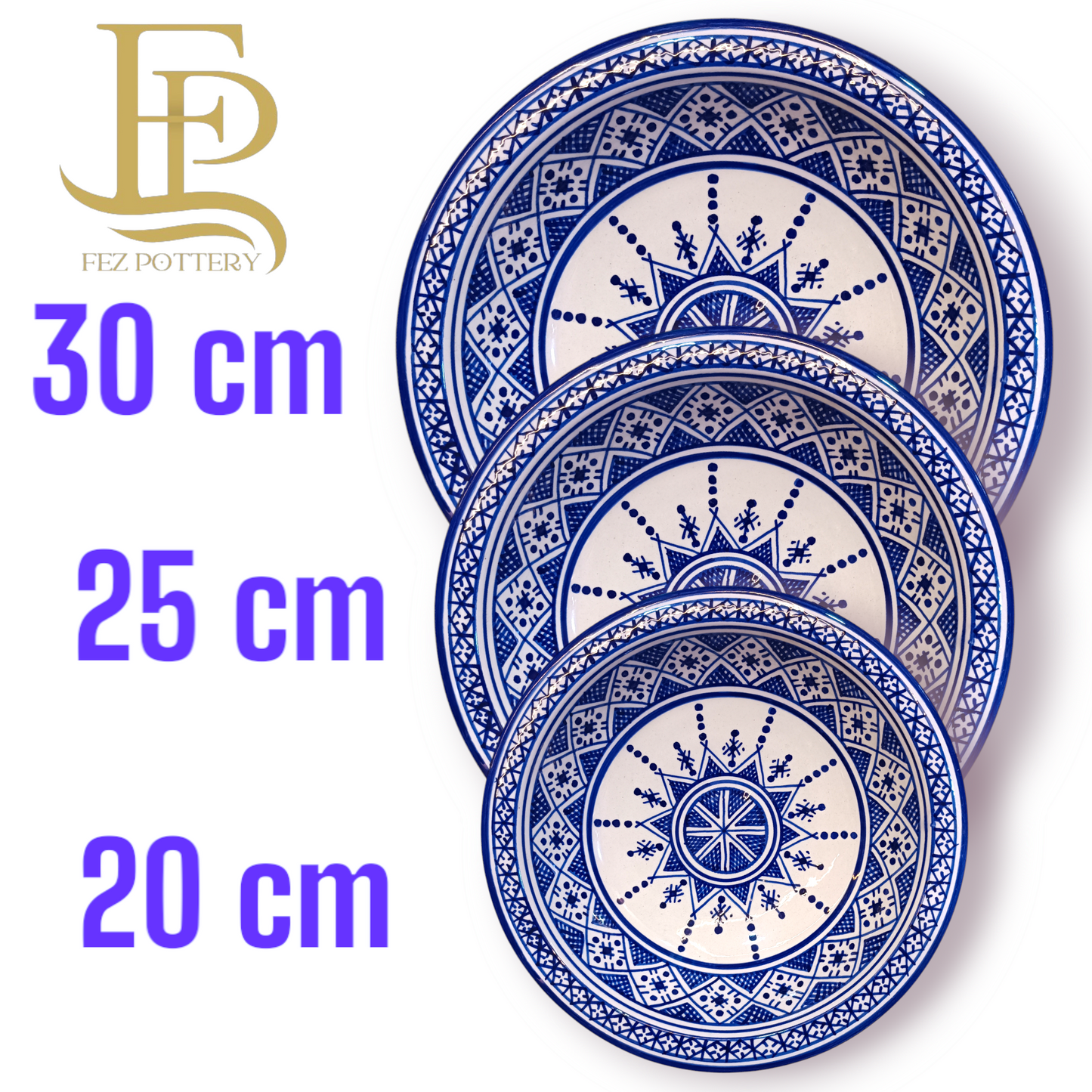 6 Serving plates made of white clay, hand-painted and hand-decorated.