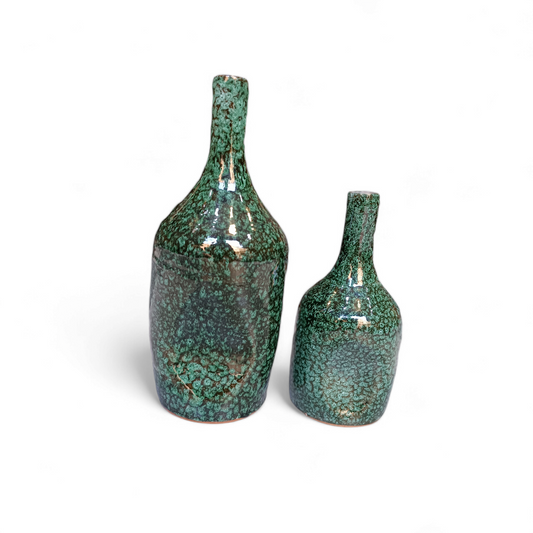 Handmade Bottle-Shaped Pottery Vase – Elegant Green Glaze
