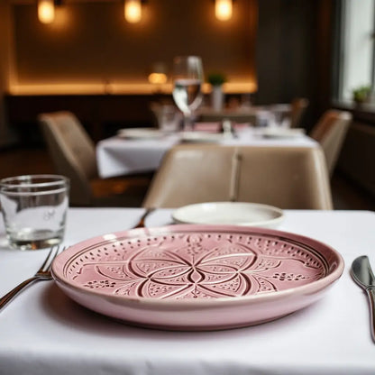 Hand-Engraved Geometric Ceramic Plates 22cm – Premium Artisan Serving Dishes