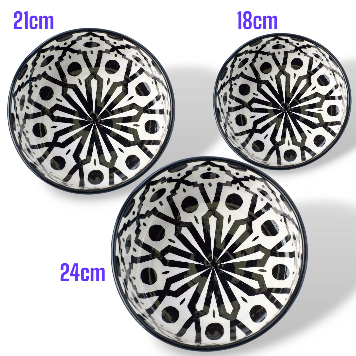 ceramic salad bowl White and black from Fez - Morocco - 4 different sized solid bowls