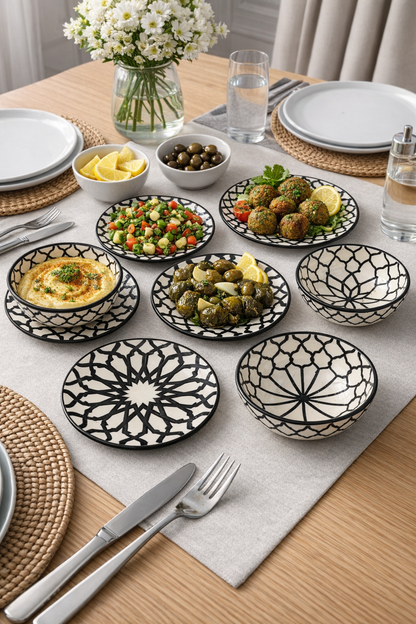 Handmade Moroccan Dinnerware Set – Black & White Ceramic Plates & Bowls | Authentic Fez Pottery