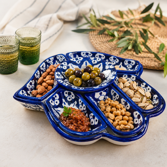 Moroccan Hamsa Pattern Ceramic Serving Set – 7-Piece Handmade Fez PotteryColorful Serving Dishes for Snacks, Appetizers, Dips and More – Moroccon Decorative Platters for Celebrations, Parties and Events