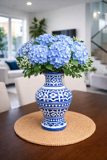 Moroccan ceramic vase, handmade and hand painted blue and white