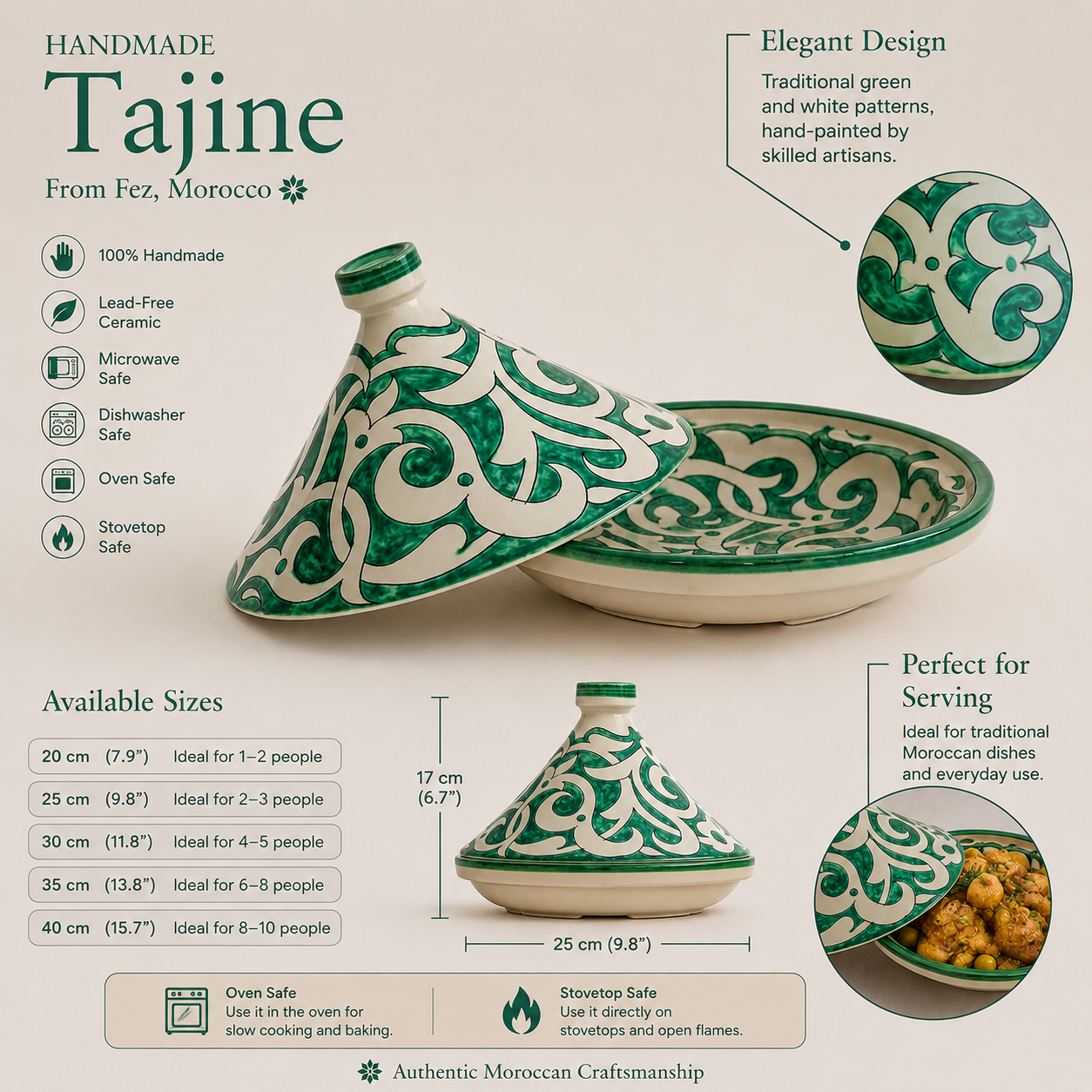 Tajín verde artesanal con motivo "Nouwara" - Apto para horno, microondas y lavavajillas
