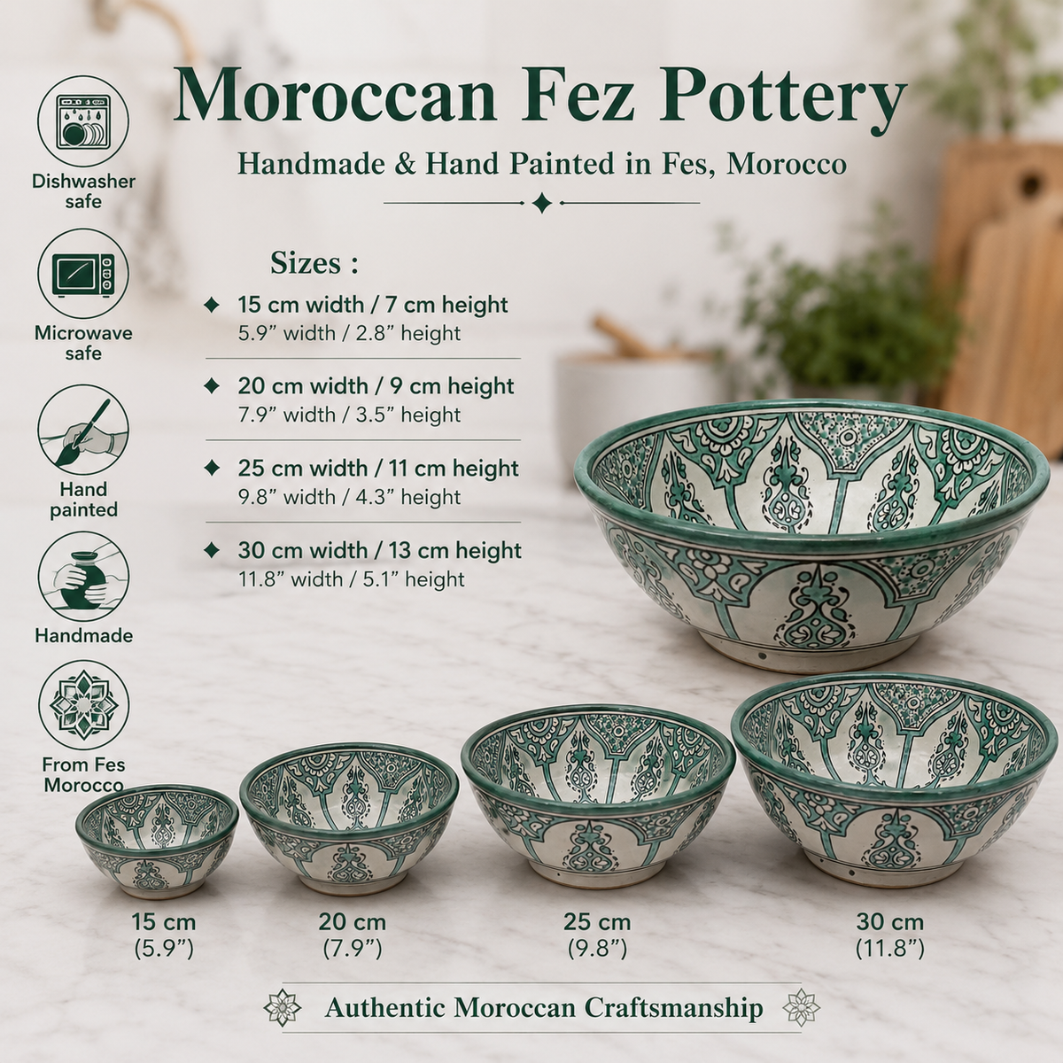 Große Salatschüssel, handgefertigt und handbemalt aus Marokko, Durchme – Moroccan Fez pottery