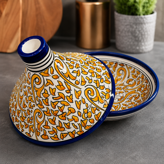 Handmade Moroccan Ceramic Serving Tagine – Blue Floral Pottery | Lead-Free Decorative Serving Dish