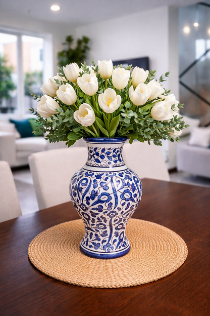 Moroccan ceramic vase, flower design hand painted blue and white
