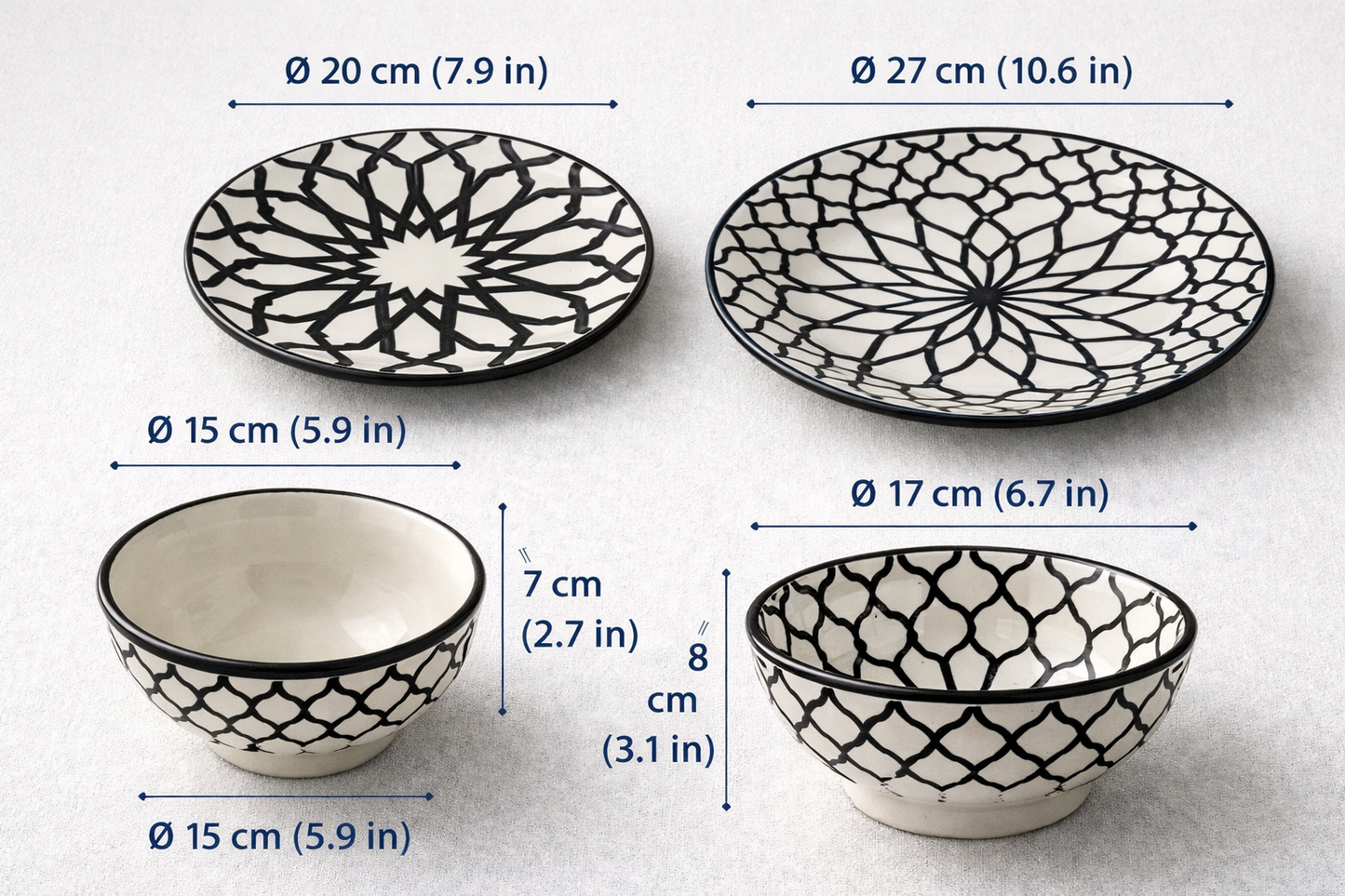 Handmade Moroccan Dinnerware Set – Black & White Ceramic Plates & Bowls | Authentic Fez Pottery