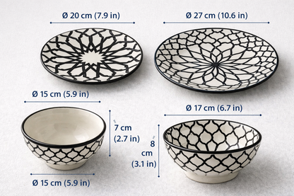 Handmade Moroccan Dinnerware Set – Black & White Ceramic Plates & Bowls | Authentic Fez Pottery