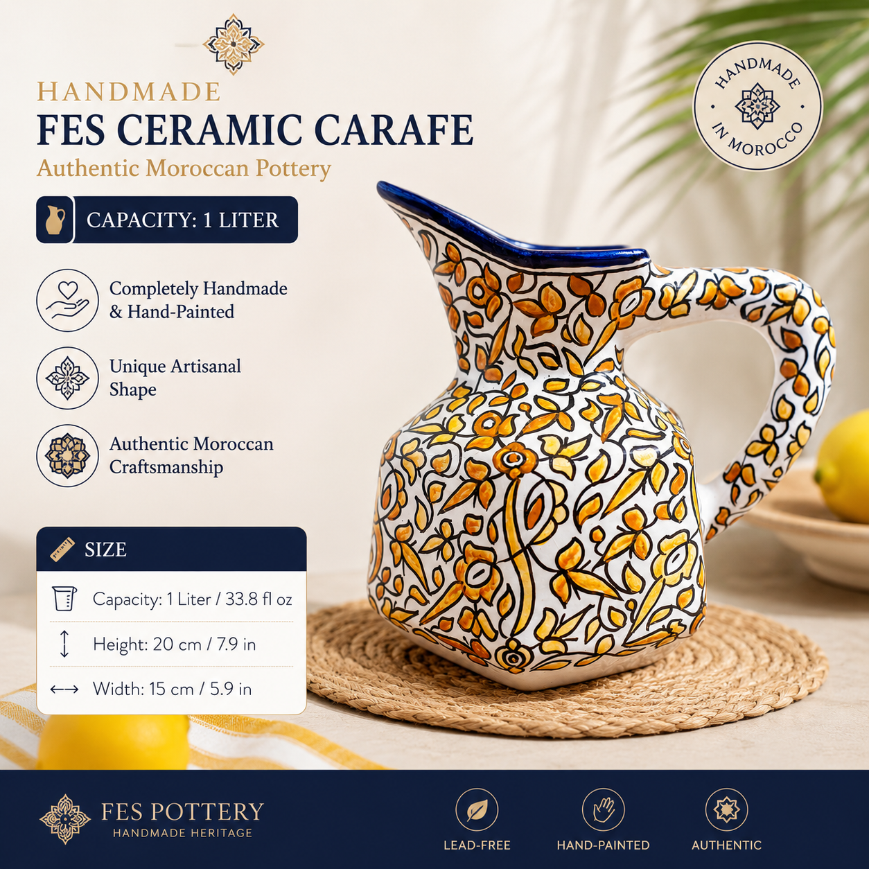 Handmade Fes Ceramic Carafe – 1 Liter Moroccan Pottery Pitcher