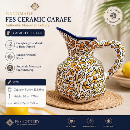 Handmade Fes Ceramic Carafe – 1 Liter Moroccan Pottery Pitcher