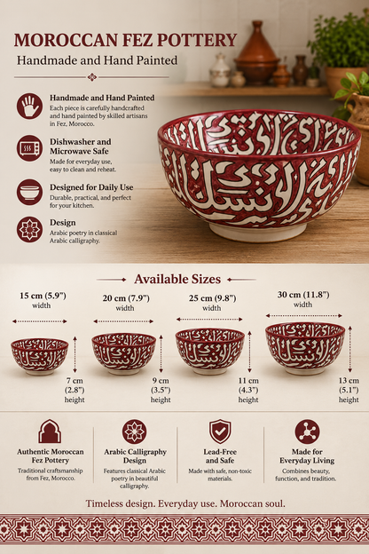 Handmade Moroccan Fez Ceramic Bowl with Classical Arabic Calligraphy