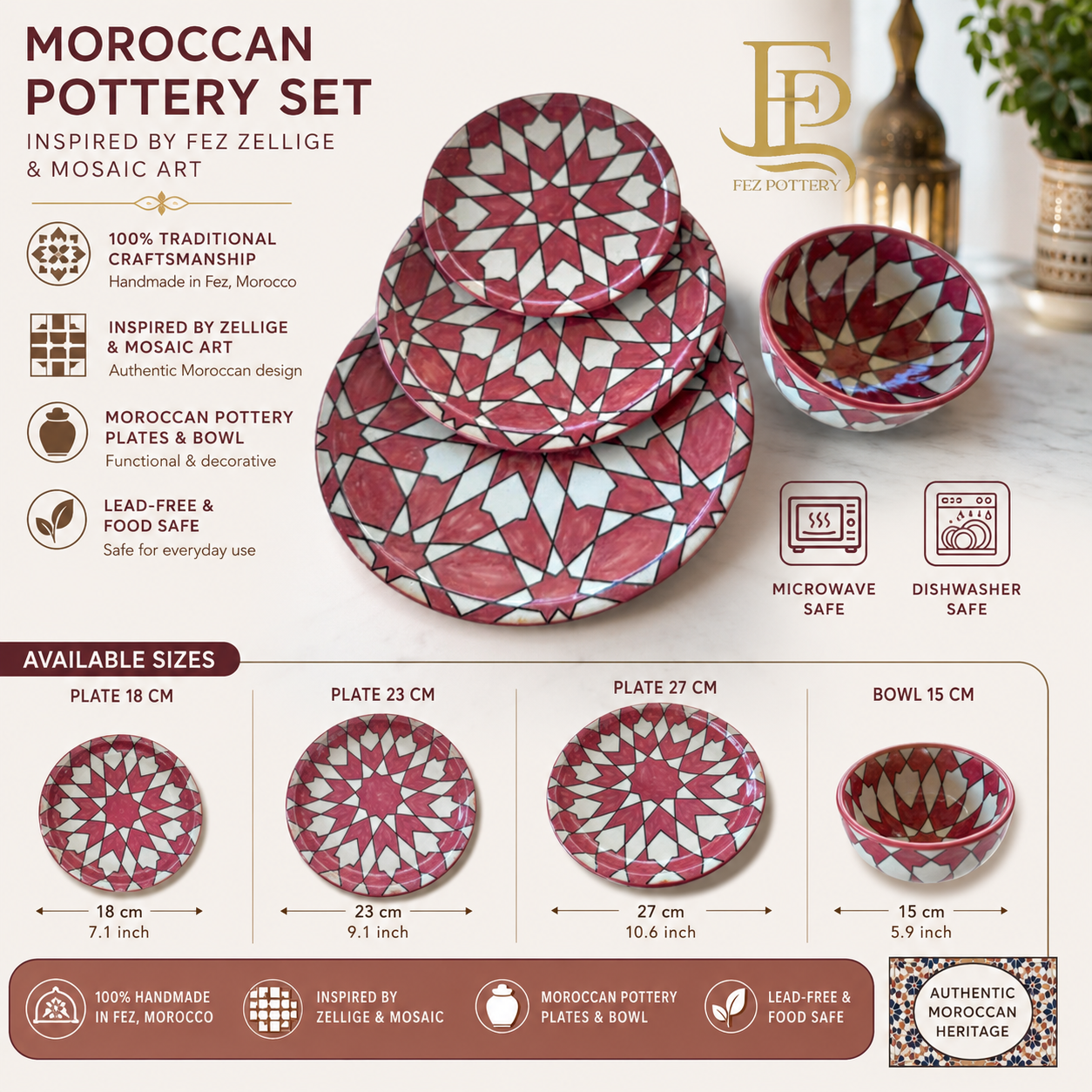 Handmade Moroccan Ceramic Dinnerware Set – Fez Zellige Pattern Plates & Bowl | Microwave & Dishwasher Safe