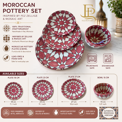 Handmade Moroccan Ceramic Dinnerware Set – Fez Zellige Pattern Plates & Bowl | Microwave & Dishwasher Safe