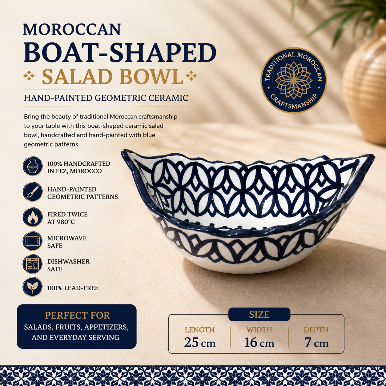 Moroccan Fez pottery Boat-Shaped Salad Bowl – Hand-Painted Geometric Ceramic Serving Bowl