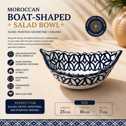 Moroccan Fez pottery Boat-Shaped Salad Bowl – Hand-Painted Geometric Ceramic Serving Bowl