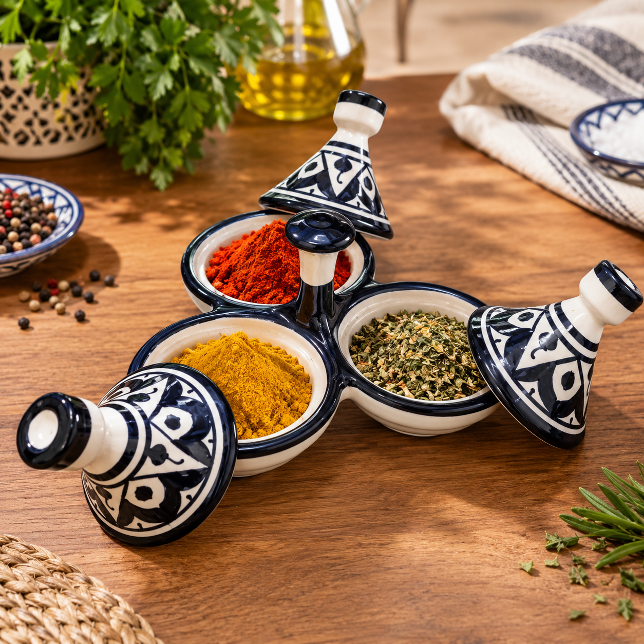 Moroccan Black & White Ceramic tagine 3-Compartment Spice & Condiment Set