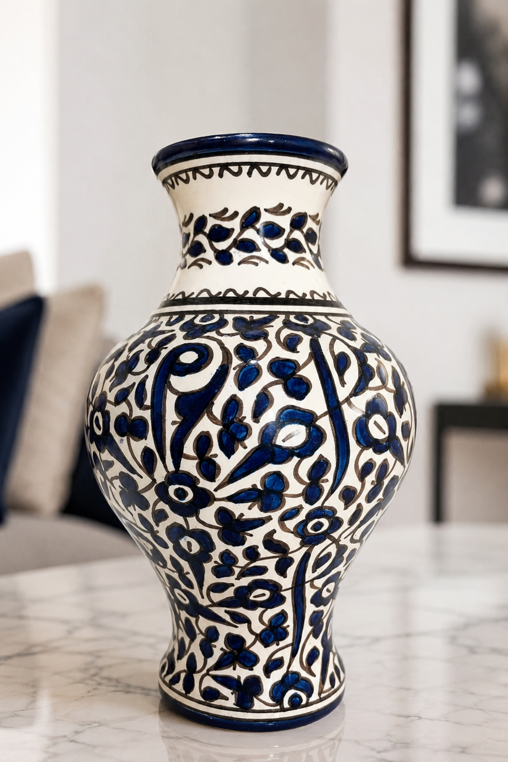Handmade Moroccan Ceramic Vase – Blue & White Hand-Painted Floral Vase