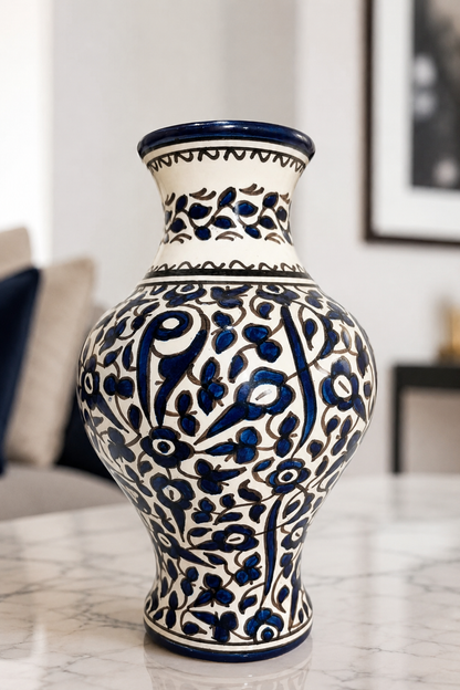 Handmade Moroccan Ceramic Vase – Blue & White Hand-Painted Floral Vase