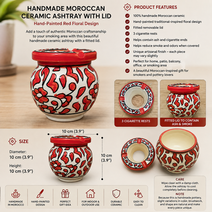 Moroccan Ceramic Ashtray with Lid – Hand-Painted Red Floral Design
