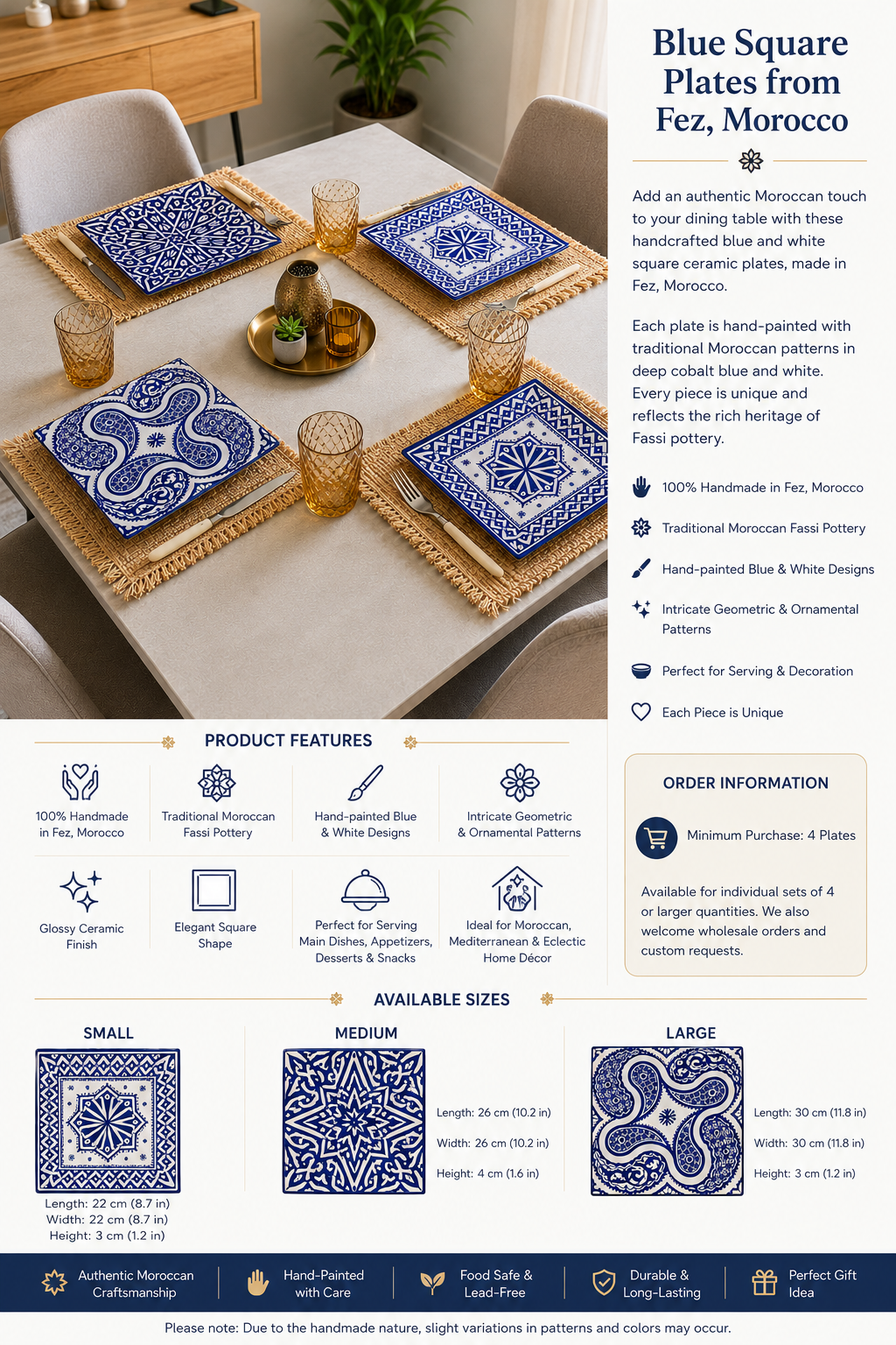 Blue Moroccan Square Ceramic Plates – Handmade in Fez, Morocco
