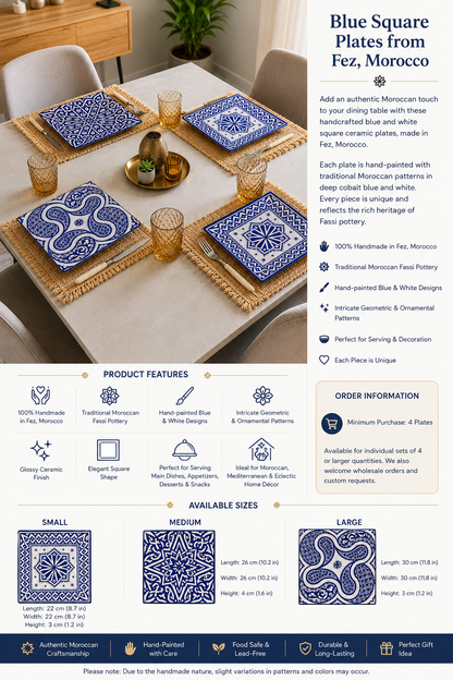 Blue Moroccan Square Ceramic Plates – Handmade in Fez, Morocco