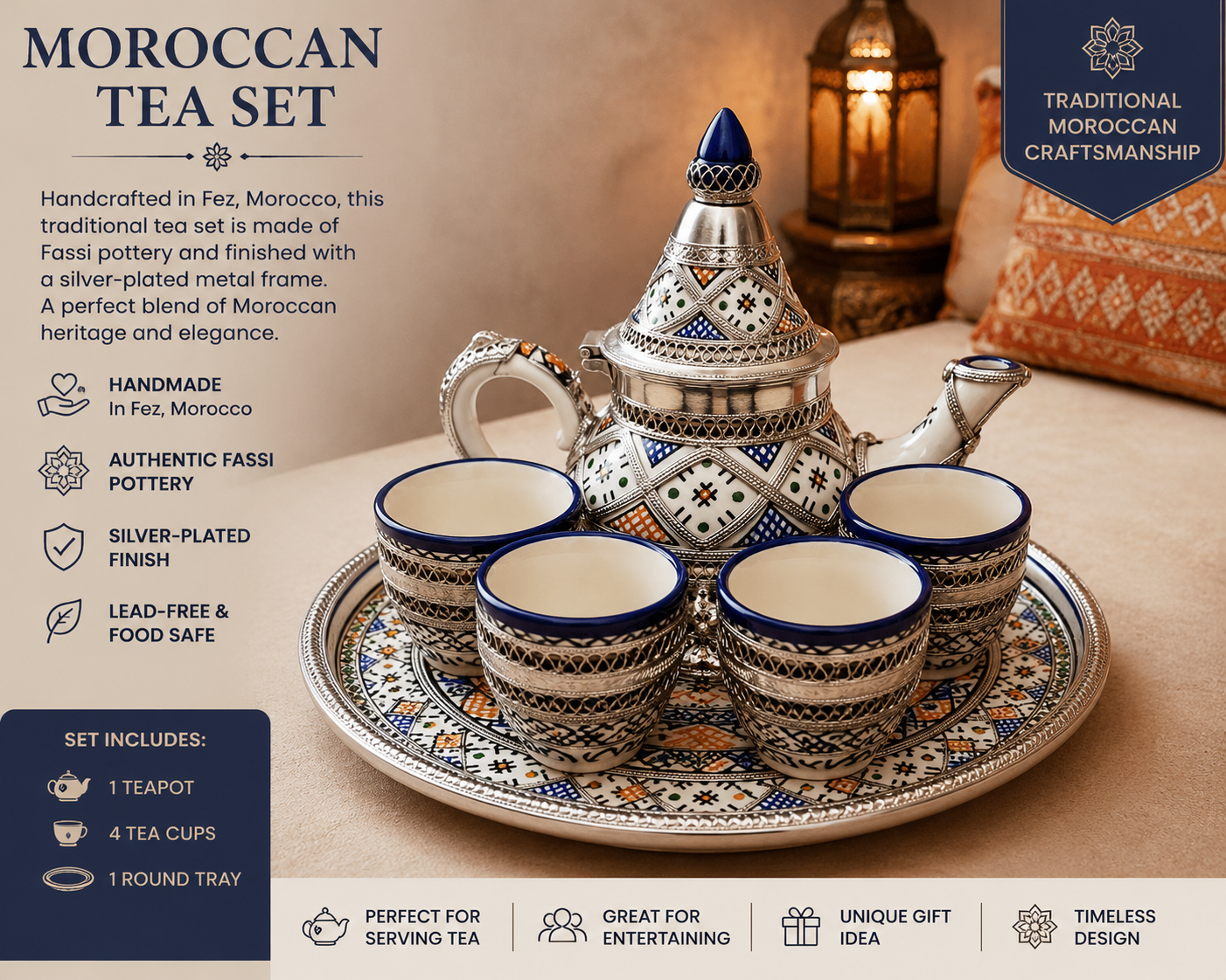 Moroccan Handmade Tea Set with Silver-Plated Finish – 4 Cups, Teapot & Round Tray