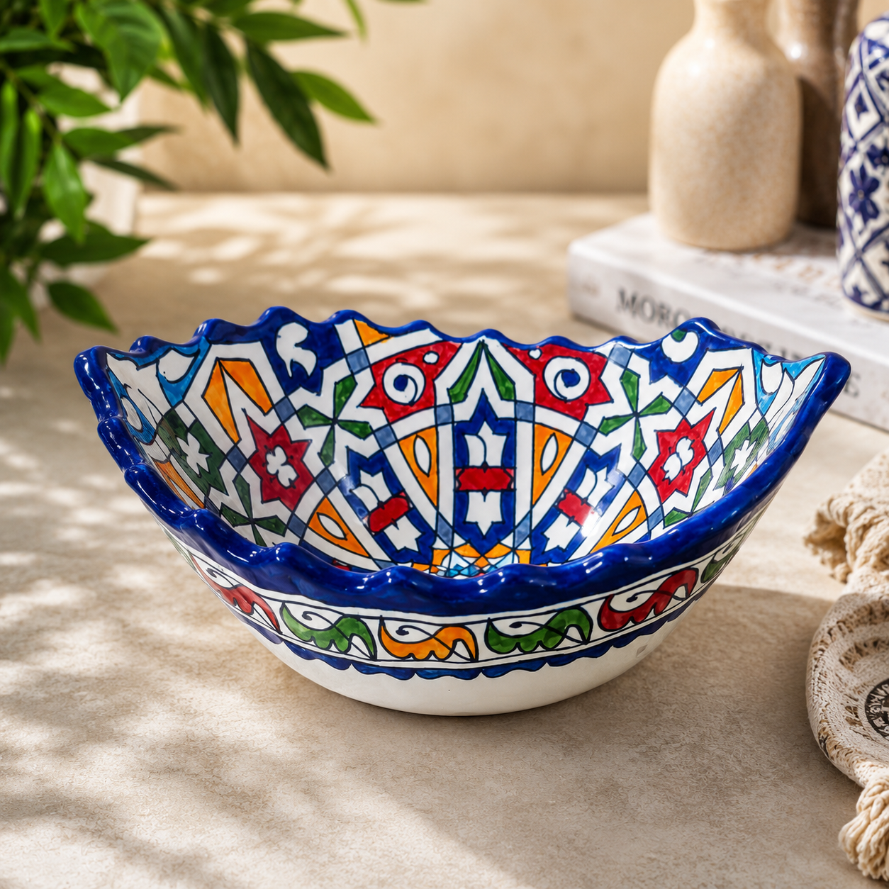 Moroccan Fez Boat-Shaped Salad Bowl – Hand-Painted Geometric Ceramic Serving Bowl