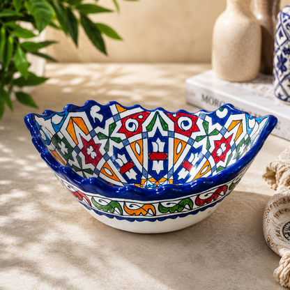 Moroccan Fez Boat-Shaped Salad Bowl – Hand-Painted Geometric Ceramic Serving Bowl
