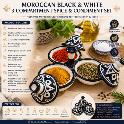 Moroccan Black & White Ceramic tagine 3-Compartment Spice & Condiment Set
