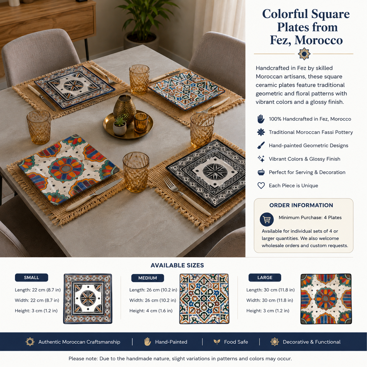 Blue Moroccan Square Ceramic Plates – Handmade in Fez, Morocco