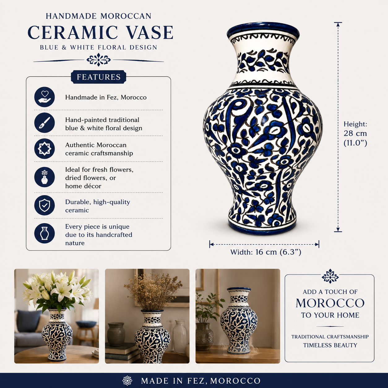 Handmade Moroccan Ceramic Vase – Blue & White Hand-Painted Floral Vase