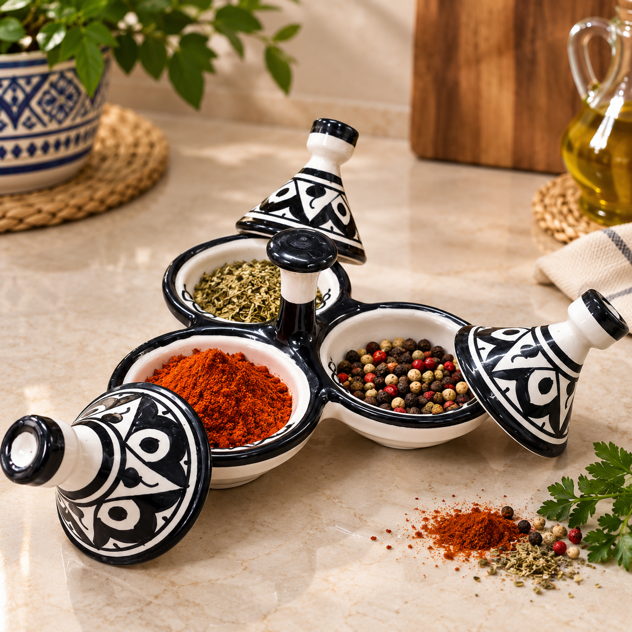 Moroccan Black & White Ceramic tagine 3-Compartment Spice & Condiment Set