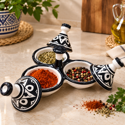 Moroccan Black & White Ceramic tagine 3-Compartment Spice & Condiment Set