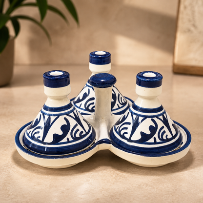 Moroccan Ceramic 3-Compartment Spice Server – Hand-Painted Blue & White Tagine Condiment Holder