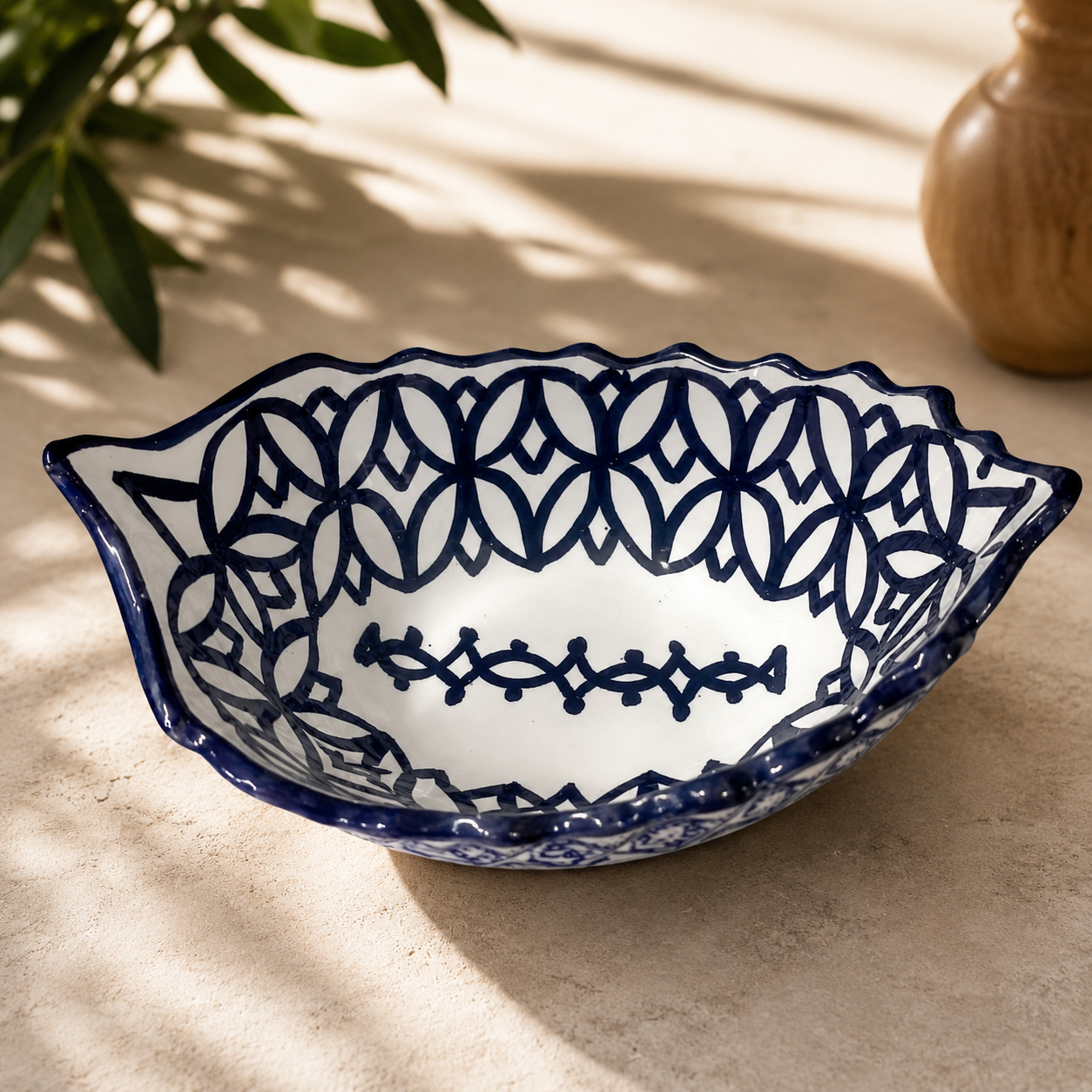 Moroccan Fez pottery Boat-Shaped Salad Bowl – Hand-Painted Geometric Ceramic Serving Bowl