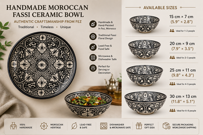 Handmade Moroccan Fassi Ceramic Bowl – Black & White Hand-Painted Serving Bowl | Traditional Fez Pottery