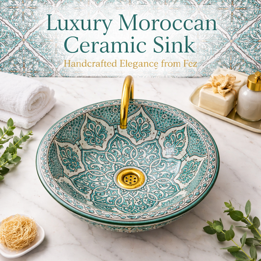 Handcrafted Moroccan Fez Ceramic Sink – Traditional Green Floral Design