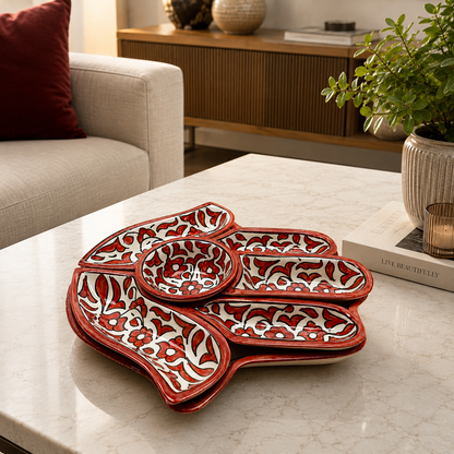 Red &amp; White Moroccan Floral Serving Platter Set – Handmade Fez Pottery